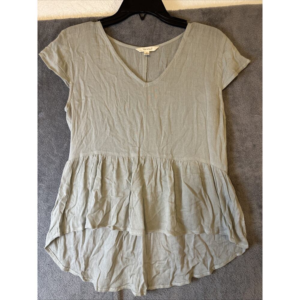 Womens Tan Green Blouse Top Tunic Babydoll Cap Sleeve Lightweight Flowy Y2K Sz S